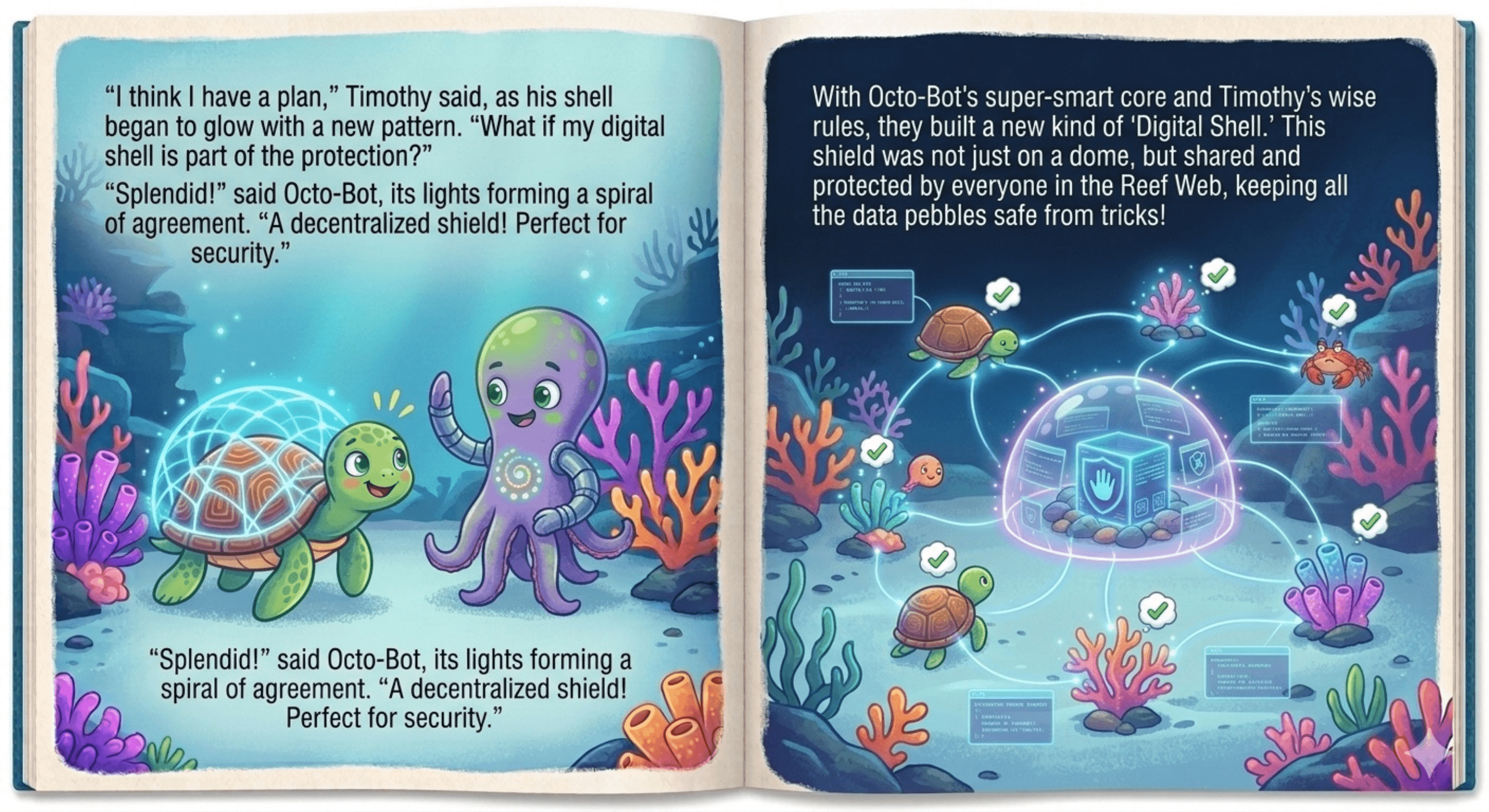 Closing spread of Timothy Turtle and the Digital Shell, showing the story's resolution and its lesson about agentic AI safety.