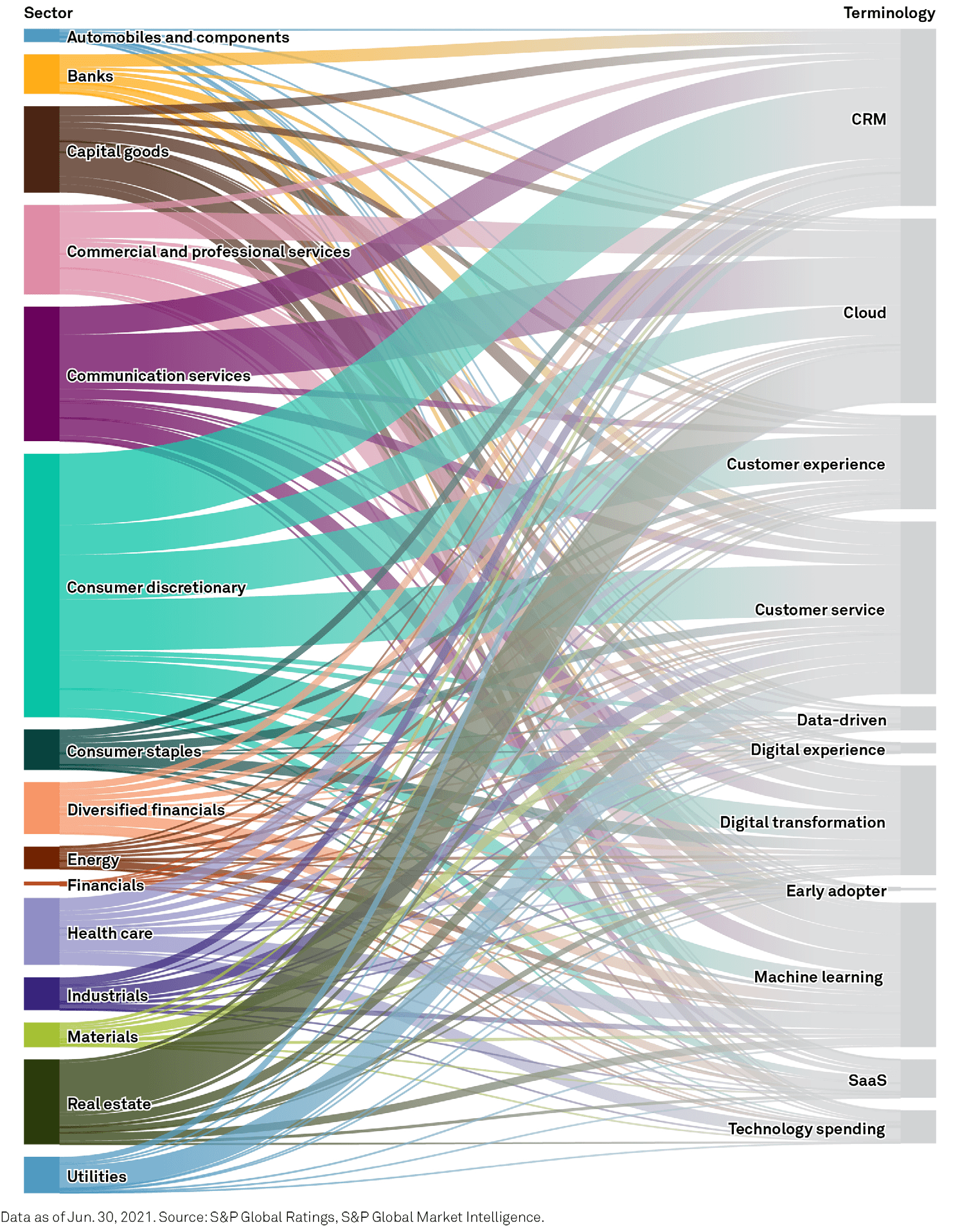 Sector breakdown of CX terms appearing in company earnings transcripts.